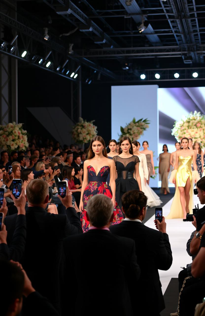 A dynamic fashion industry scene showcasing a vibrant runway with models strutting their stuff in high-end couture