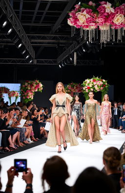 A dynamic fashion industry scene showcasing a vibrant runway with models strutting their stuff in high-end couture