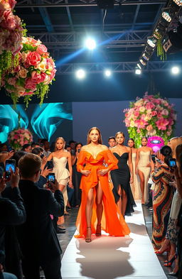 A dynamic fashion industry scene showcasing a vibrant runway with models strutting their stuff in high-end couture