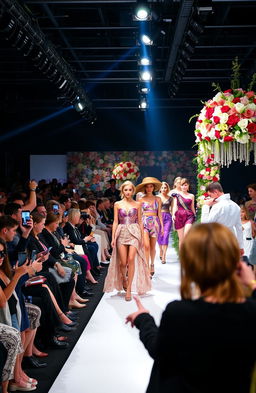 A dynamic fashion industry scene showcasing a vibrant runway with models strutting their stuff in high-end couture