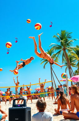 A vibrant scene depicting a lively beach volleyball game under a bright blue sky, with players diving and jumping in action