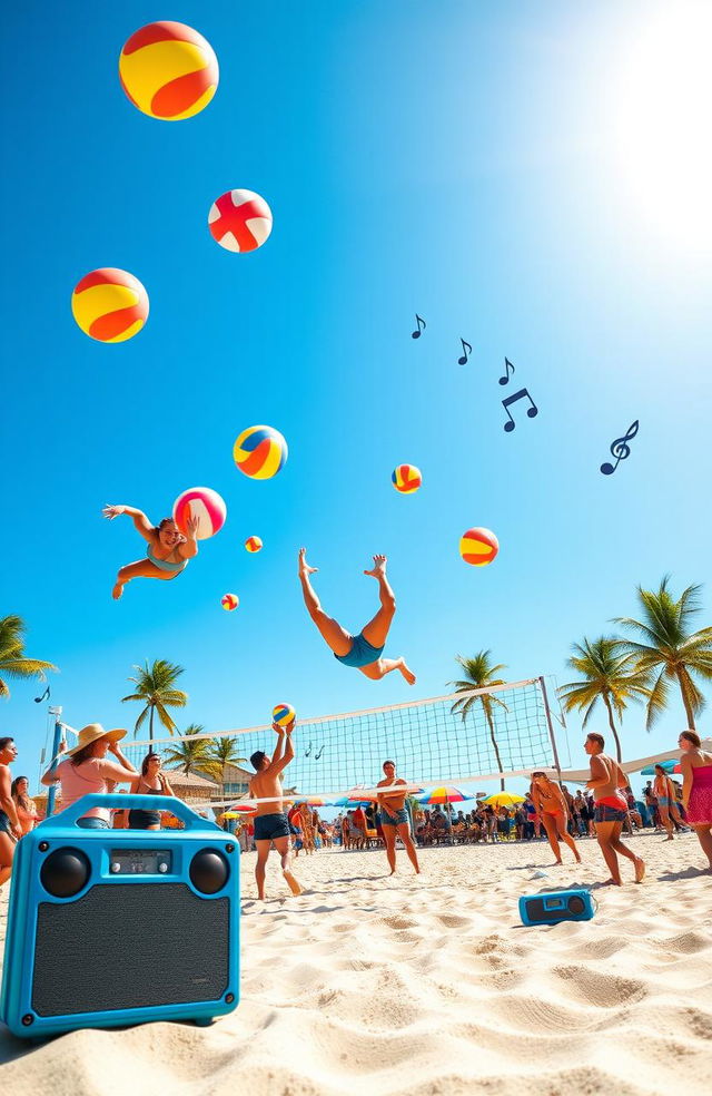 A vibrant scene depicting a lively beach volleyball game under a bright blue sky, with players diving and jumping in action