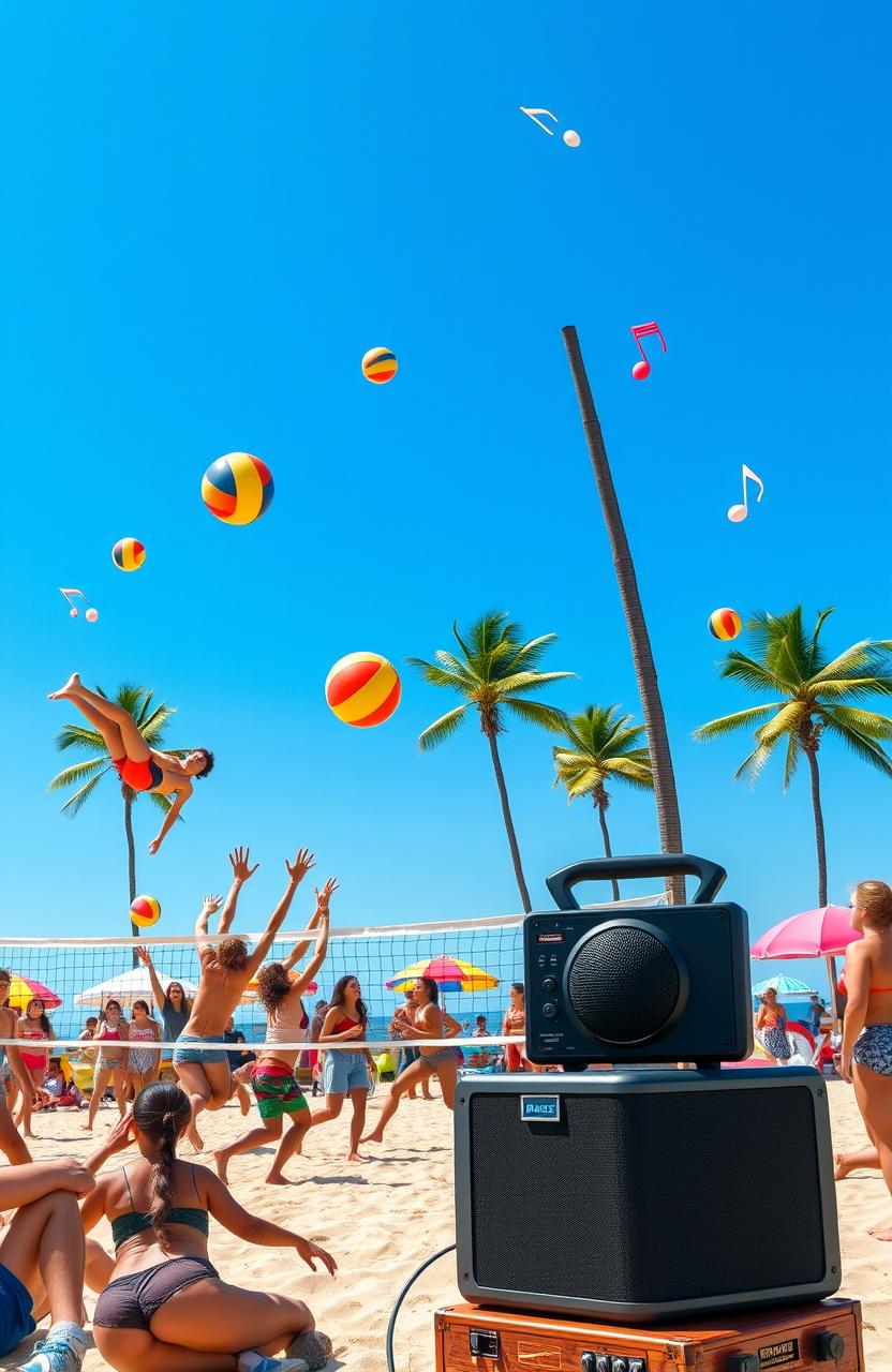 A vibrant scene depicting a lively beach volleyball game under a bright blue sky, with players diving and jumping in action