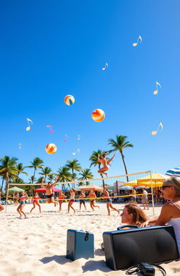 A vibrant scene depicting a lively beach volleyball game under a bright blue sky, with players diving and jumping in action