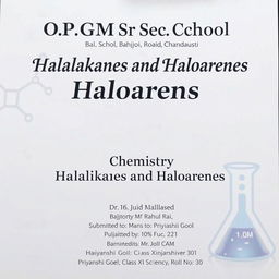 A front page layout for a school project titled 'Haloalkanes and Haloarenes'