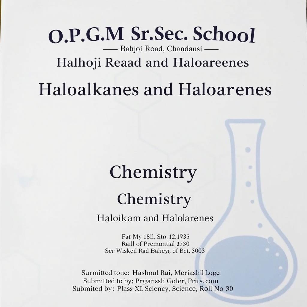 A front page layout for a school project titled 'Haloalkanes and Haloarenes'