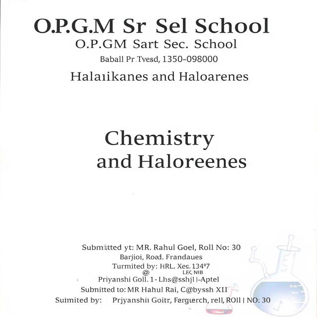 A front page layout for a school project titled 'Haloalkanes and Haloarenes'