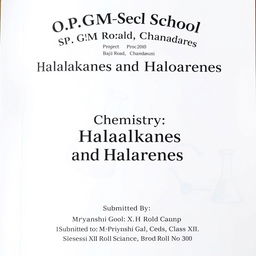 A front page layout for a school project titled 'Haloalkanes and Haloarenes'