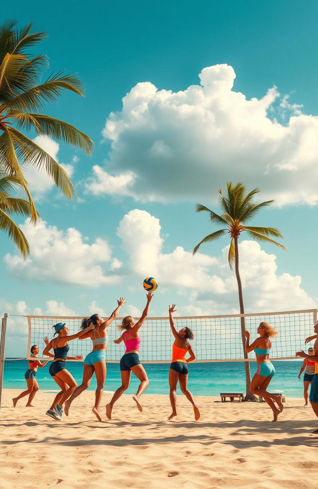 A vibrant volleyball court set on a sunny beach, with a bright blue sky dotted with fluffy white clouds