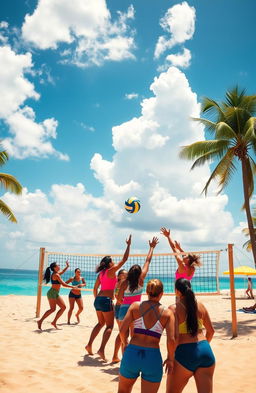 A vibrant volleyball court set on a sunny beach, with a bright blue sky dotted with fluffy white clouds