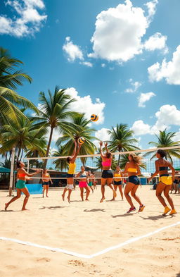 A vibrant volleyball court set on a sunny beach, with a bright blue sky dotted with fluffy white clouds
