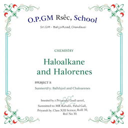 A front page layout for a school project titled 'Haloalkanes and Haloarenes' with a decorative border design