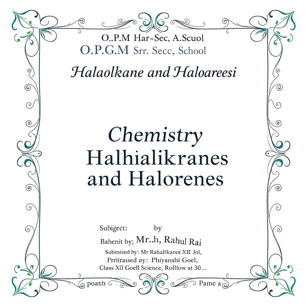 A front page layout for a school project titled 'Haloalkanes and Haloarenes' with a decorative border design