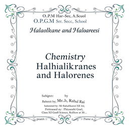 A front page layout for a school project titled 'Haloalkanes and Haloarenes' with a decorative border design