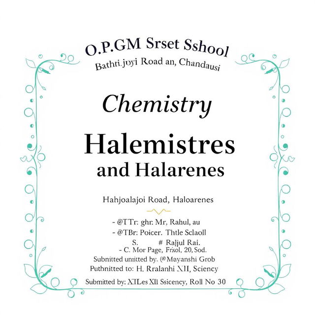 A front page layout for a school project titled 'Haloalkanes and Haloarenes' with a decorative border design