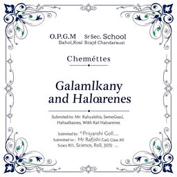 A front page layout for a school project titled 'Haloalkanes and Haloarenes' with a decorative border design