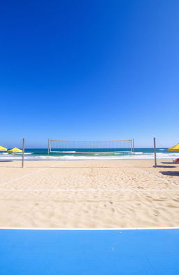 A serene and empty volleyball court situated on a sandy beach, with clear blue skies overhead