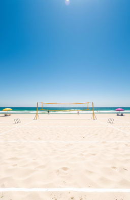 A serene and empty volleyball court situated on a sandy beach, with clear blue skies overhead