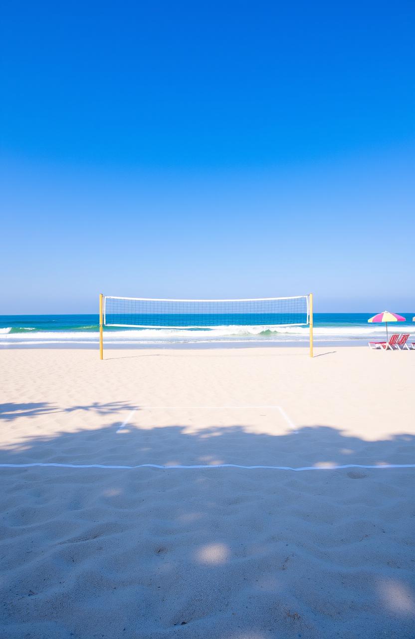 A serene and empty volleyball court situated on a sandy beach, with clear blue skies overhead