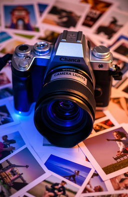 A modern camera featuring bright LED lights and surrounded by various photographs scattered around it