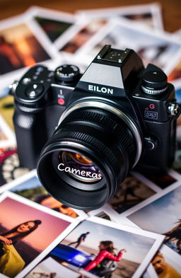 A modern camera featuring bright LED lights and surrounded by various photographs scattered around it