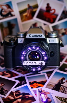 A modern camera featuring bright LED lights and surrounded by various photographs scattered around it