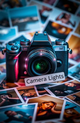 A modern camera featuring bright LED lights and surrounded by various photographs scattered around it
