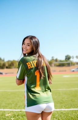 A young woman standing confidently, wearing a sporty jersey with the surname 'Rivera' boldly displayed on the back