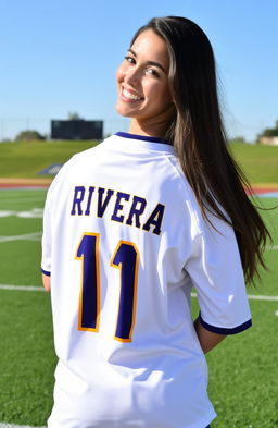 A young woman standing confidently, wearing a sporty jersey with the surname 'Rivera' boldly displayed on the back