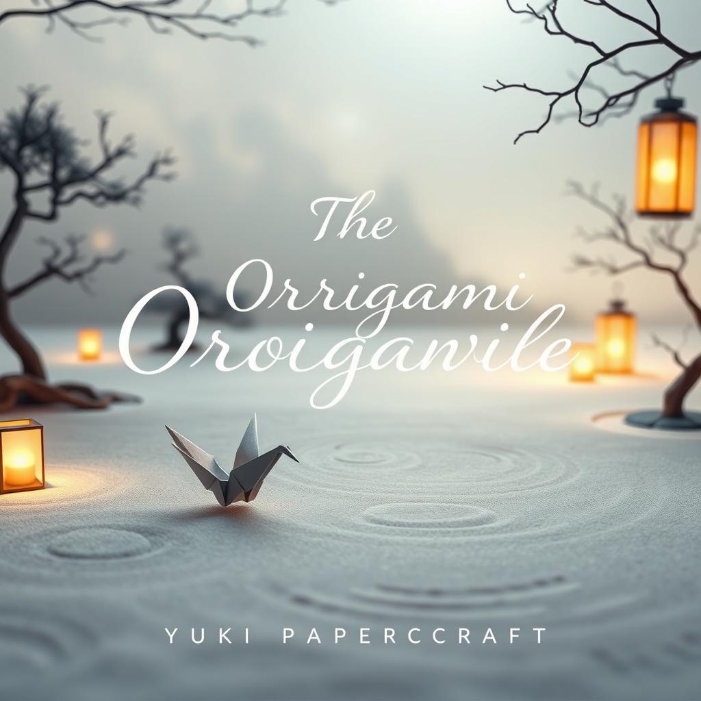 A mystical book cover design for 'The Origami Oracle' by Yuki Papercraft, featuring an ethereal zen garden