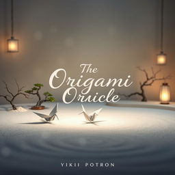 A mystical book cover design for 'The Origami Oracle' by Yuki Papercraft, featuring an ethereal zen garden