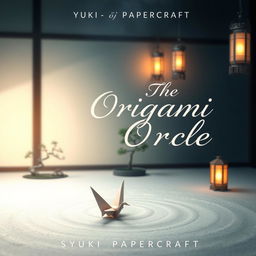 A mystical book cover design for 'The Origami Oracle' by Yuki Papercraft, featuring an ethereal zen garden