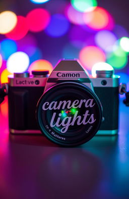 A stylish, modern camera surrounded by bright, vibrant lights, capturing stunning photographs that display beautiful landscapes and portraits