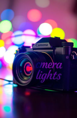 A stylish, modern camera surrounded by bright, vibrant lights, capturing stunning photographs that display beautiful landscapes and portraits