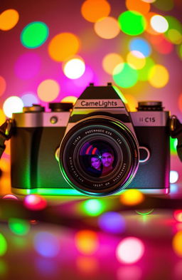 A stylish, modern camera surrounded by bright, vibrant lights, capturing stunning photographs that display beautiful landscapes and portraits