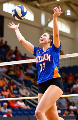 A female volleyball player in action, wearing a brightly colored national university jersey, showcasing her athletic physique and enthusiastic expression