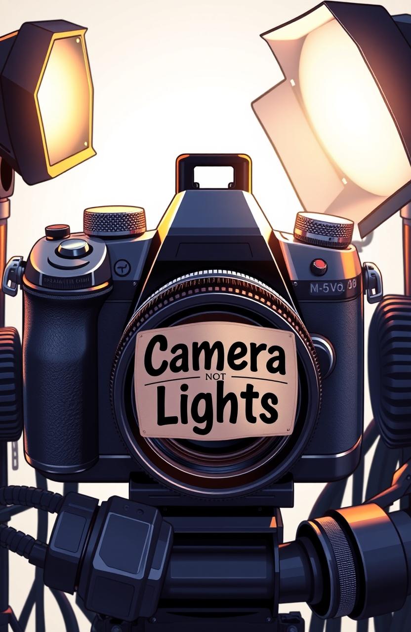 A detailed illustration of a modern camera surrounded by various lighting equipment