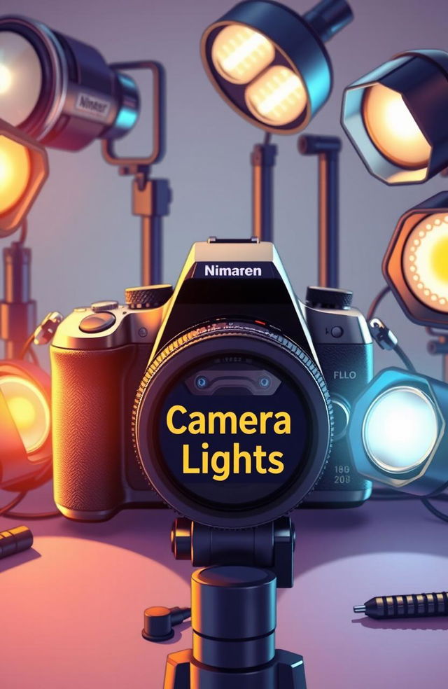 A detailed illustration of a modern camera surrounded by various lighting equipment