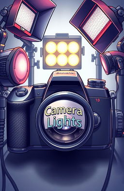 A detailed illustration of a modern camera surrounded by various lighting equipment