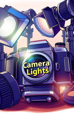 A detailed illustration of a modern camera surrounded by various lighting equipment