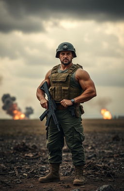 A strong soldier standing confidently in military uniform, complete with a tactical vest and helmet, holding a rifle, set against a dramatic battlefield background with smoke and distant explosions