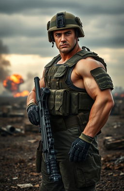A strong soldier standing confidently in military uniform, complete with a tactical vest and helmet, holding a rifle, set against a dramatic battlefield background with smoke and distant explosions