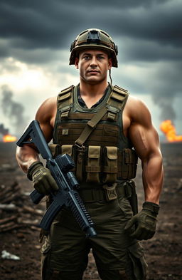 A strong soldier standing confidently in military uniform, complete with a tactical vest and helmet, holding a rifle, set against a dramatic battlefield background with smoke and distant explosions