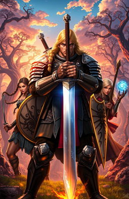 A heroic scene depicting a protagonist holding a gleaming sword, flanked by two dynamic side characters, one on each side