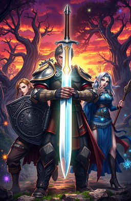 A heroic scene depicting a protagonist holding a gleaming sword, flanked by two dynamic side characters, one on each side
