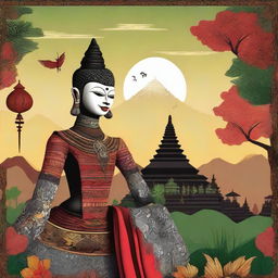 An image that artistically represents Indonesian culture, featuring a blend of traditional Batik patterns, a Wayang puppet, and the Borobudur Temple, all set against a vibrant backdrop of a lush Indonesian landscape