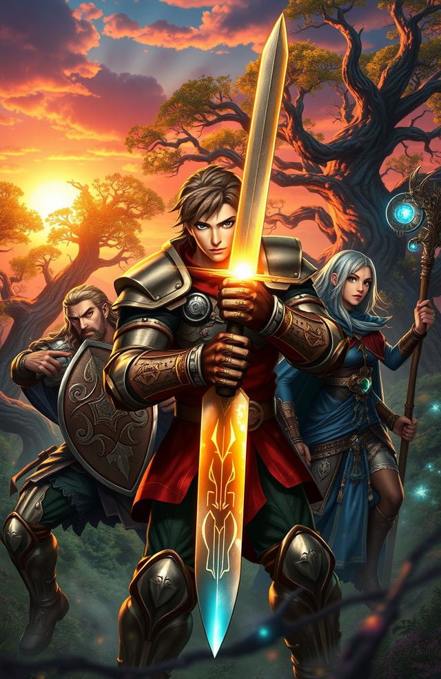 A heroic scene depicting a protagonist holding a gleaming sword, flanked by two dynamic side characters, one on each side