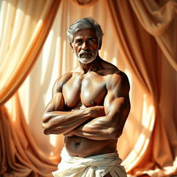 A striking portrait of a mature Indian actor in an artistic nude pose, highlighting their physique and grace