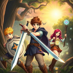 A dynamic fantasy scene featuring a teen male protagonist with brown hair, confidently holding a shining sword, flanked by two side characters