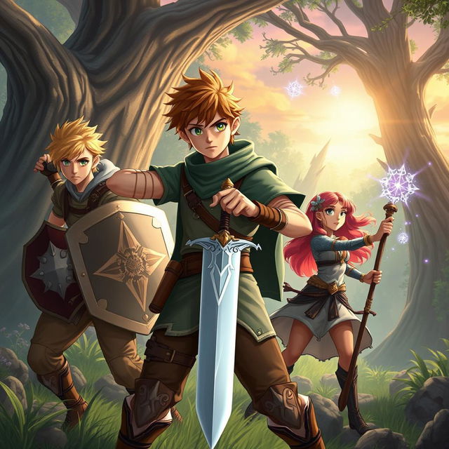 A dynamic fantasy scene featuring a teen male protagonist with brown hair, confidently holding a shining sword, flanked by two side characters